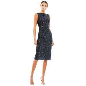 MAC DUGGAL Dress Size 12 Evening Gown Sequin Navy Blue Knee Length NEW